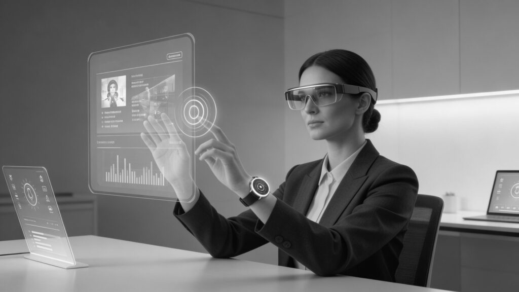 Hands-free productivity: an employee uses a smartwatch and AR glasses to interact with holographic data.